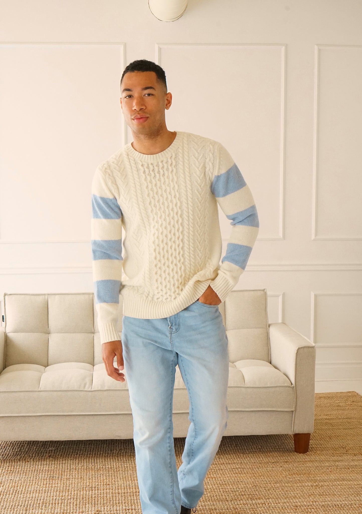 Parson White Striped Cableknit Crewneck