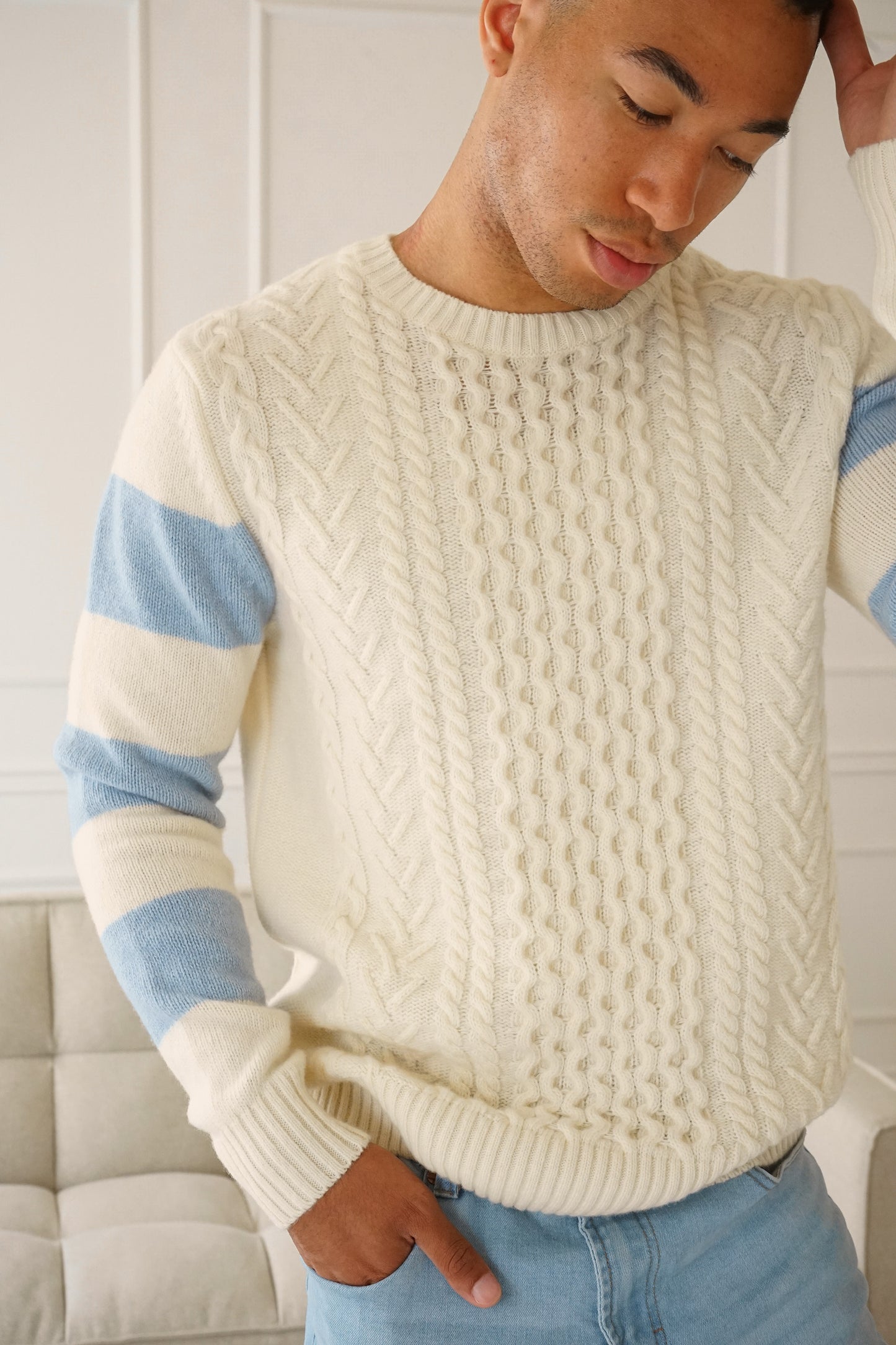 Parson White Striped Cableknit Crewneck